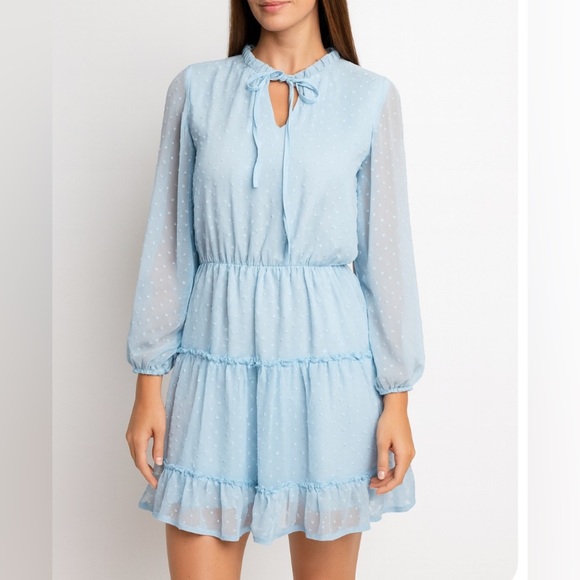 Dress swiss dot baby blue long puff sleeve tiered lined elastic waist SZ SM mini - Picture 1 of 9